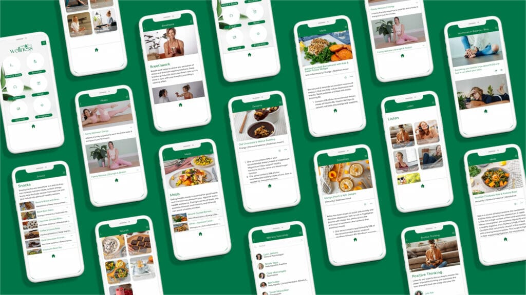 Image of multiple phones with The Healthy Mummy Wellness App on them with a green background